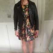 Floral leather dress and black leather biker jacket