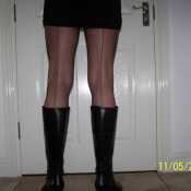 Seamed Nylon,s and black boot,s..short tight black skirt