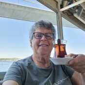 On a boat having tea!