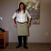 Wearing my khacki skirt and white blouse. Getting ready to visit friends.