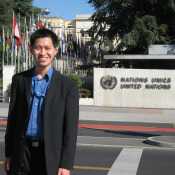 Andrew at the United Nations building in Geneva, Switzerland